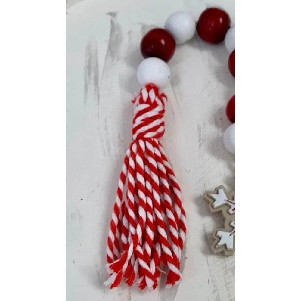 Christmas Bead Garland, Red & White Beads, Snowflake & Tassel Tiered Tray Decor